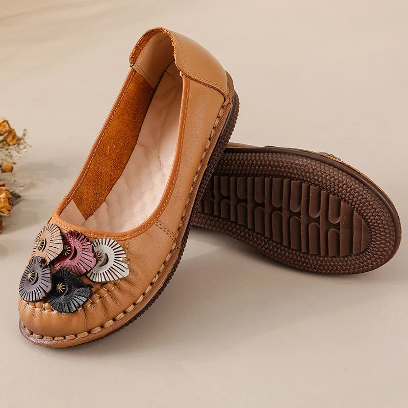 Mocasines Étnicos de Cuero Genuino para Mamá | Punta Redonda | Antideslizantes | Verano 2025