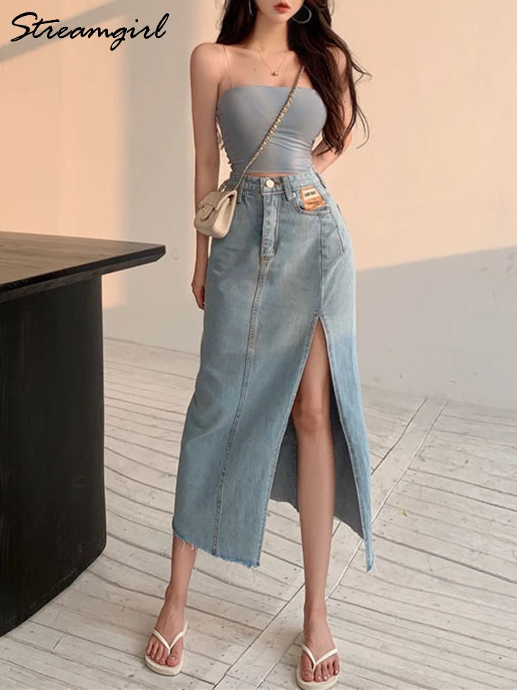 Maxi Falda Vaquera Vintage | Abertura Lateral | Estilo Coreano