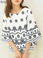 Blusa Bohemia para Mujer | Estampado Floral y Manga Corta | Estilo Vacacional | Ticotrendy