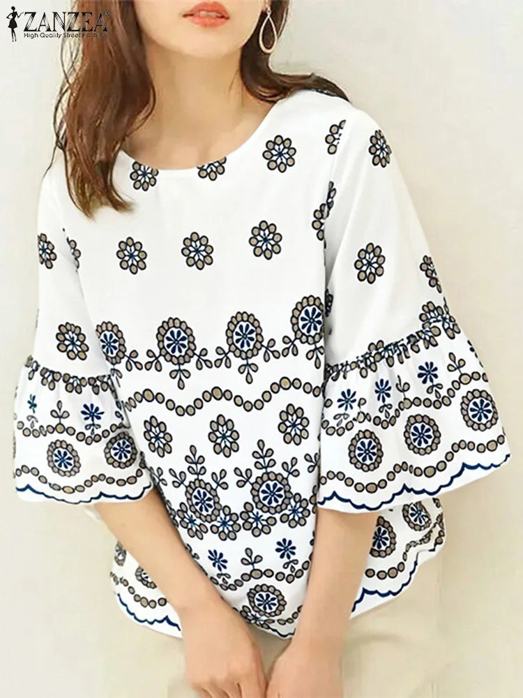 Blusa Bohemia para Mujer | Estampado Floral y Manga Corta | Estilo Vacacional | Ticotrendy