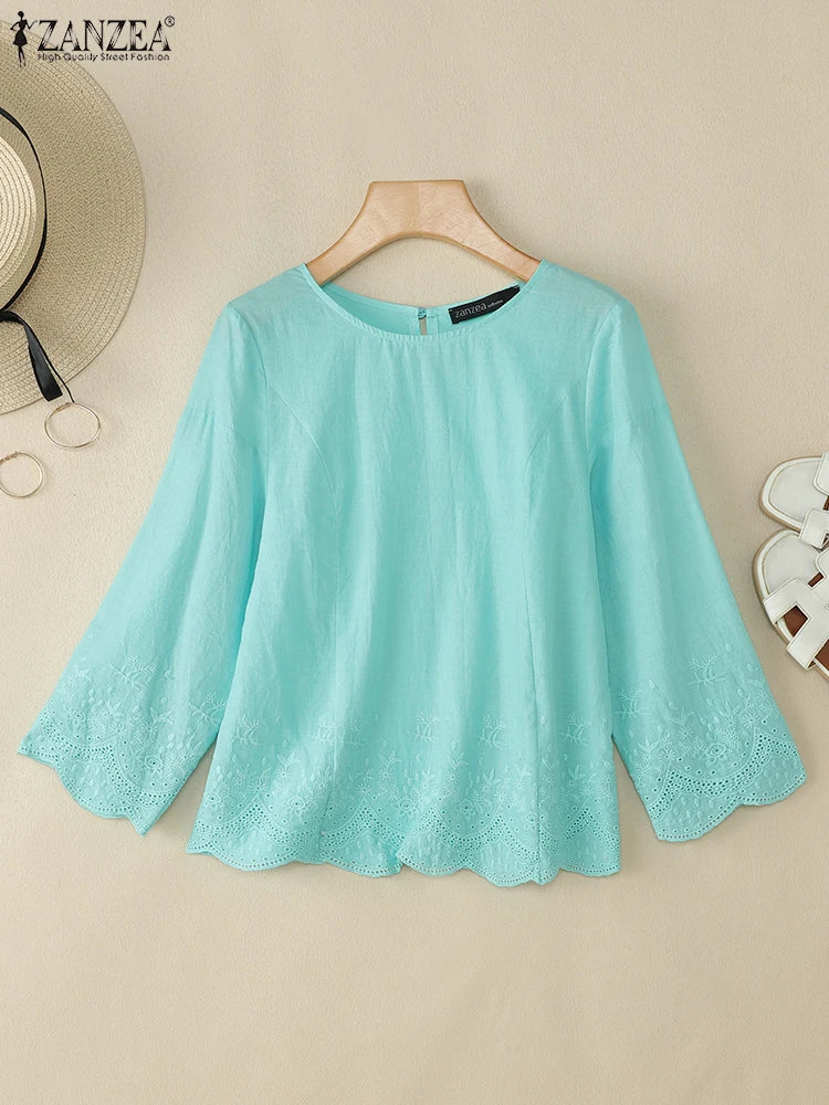 Blusa de Verano para Mujer | Encaje y Retazos Bordados | Cuello Redondo | Ticotrendy