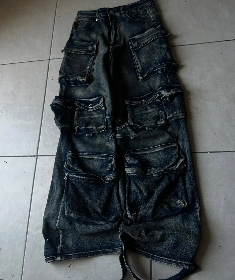 Jeans Y2K Lavado Multibolsillo | Holgado Pierna Ancha | Hip-hop Punk Vintage | Ticotrendy