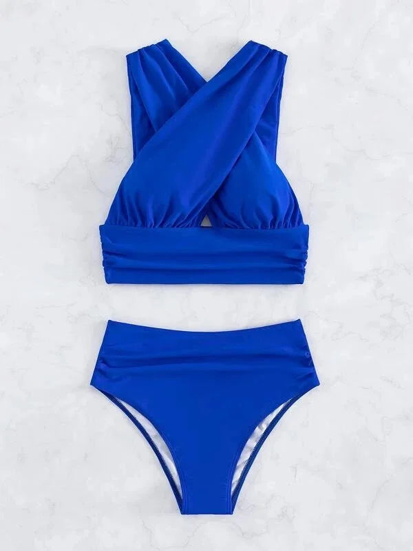Bikini de Cintura Alta con Pliegues Cruzados - Traje de Dos Piezas