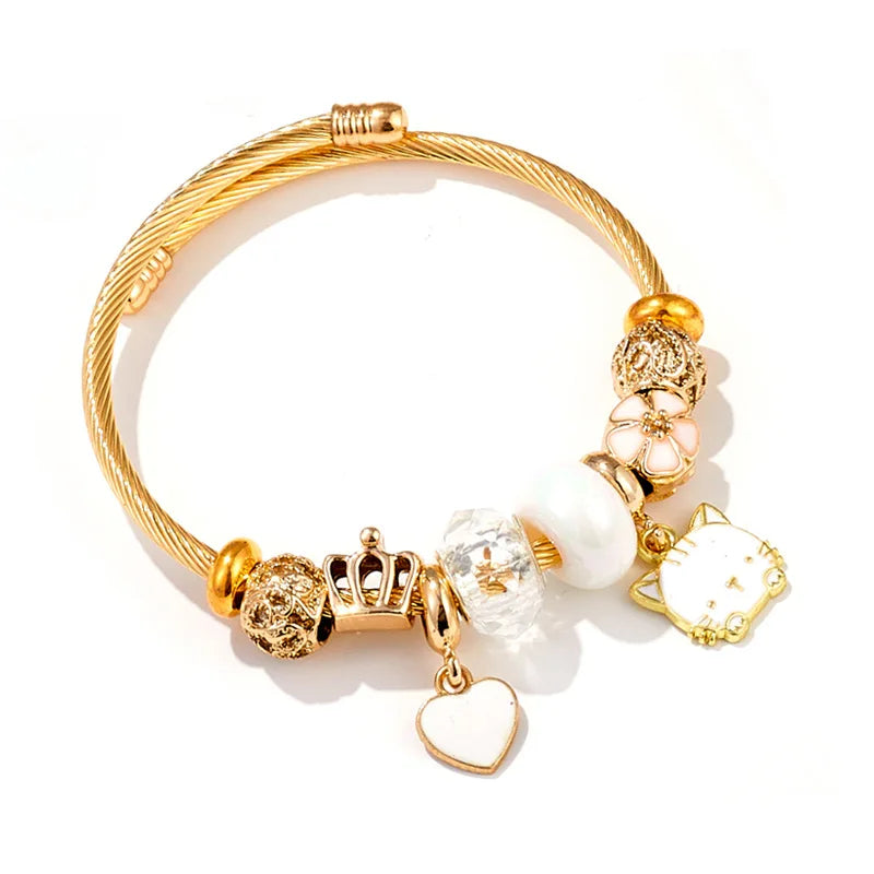 Pulseras con dijes de corona de flor de gato para mujeres y niñas, brazalete de acero inoxidable de Color dorado, accesorios dulces, joyería, regalo de Navidad