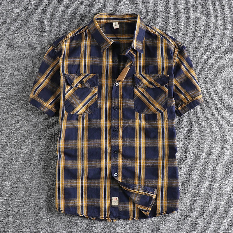 Camiseta Cuadros Vintage Hombre | Algodón Lavado | Dos Bolsillos | Estilo Costa Oeste | Ticotrendy