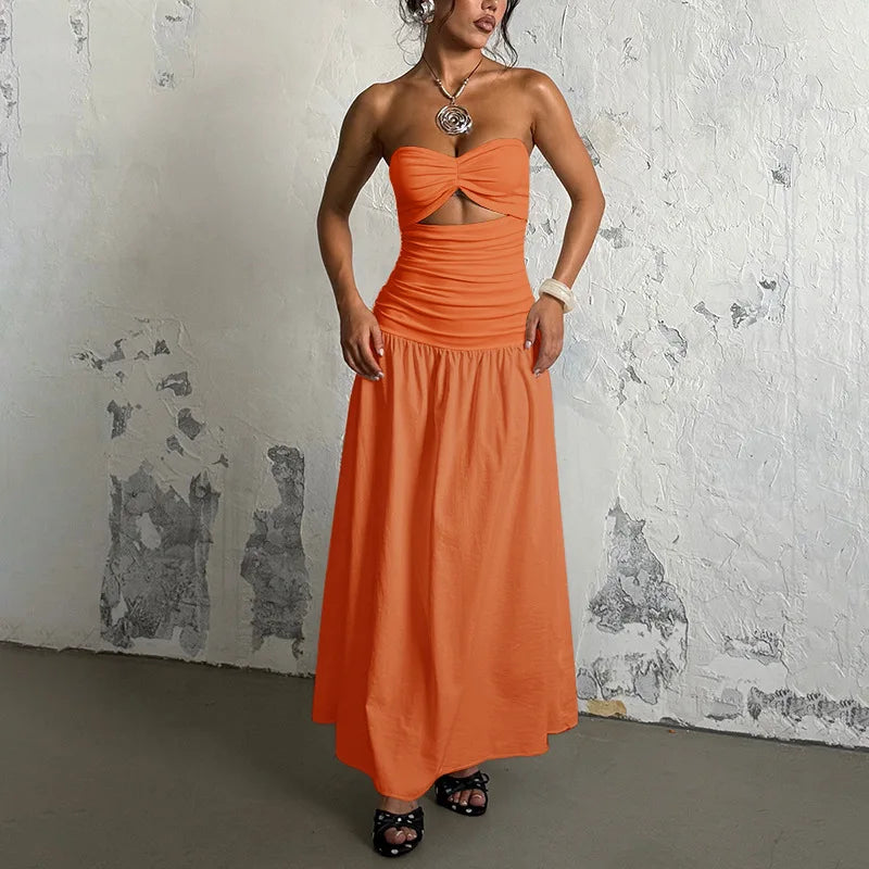 Vestido Plisado Sin Tirantes Hombros Descubiertos