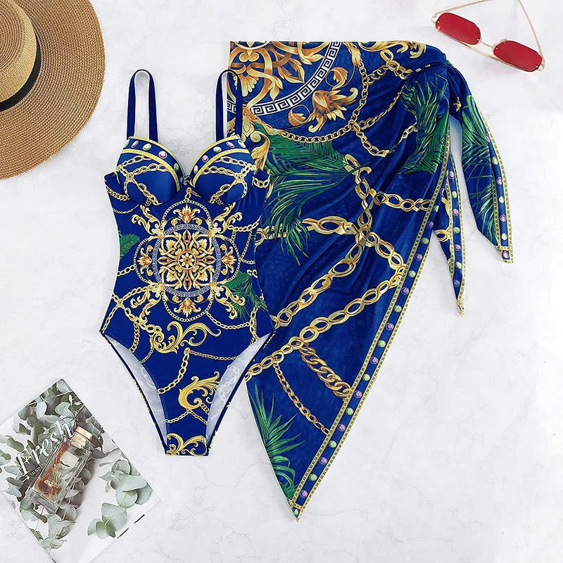 Traje de Baño Push Up con Falda - Estampado de Cadena para Playa y Piscina
