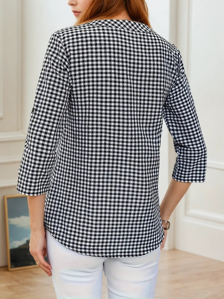 Blusa a Cuadros Finos | Cuello en V | Talla Grande | Tico Trendy