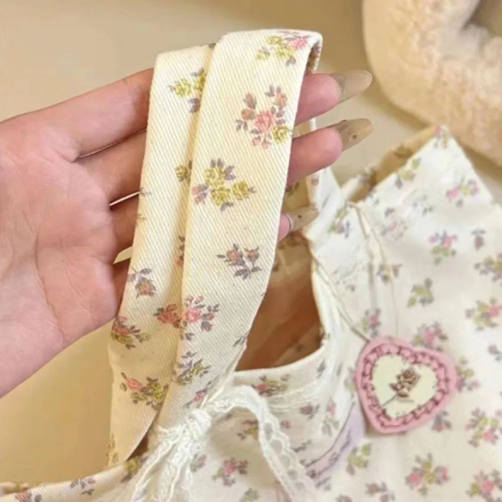 Bolso Tote de Lona Grande con Estampado Floral, Lazo de Encaje y Bordado