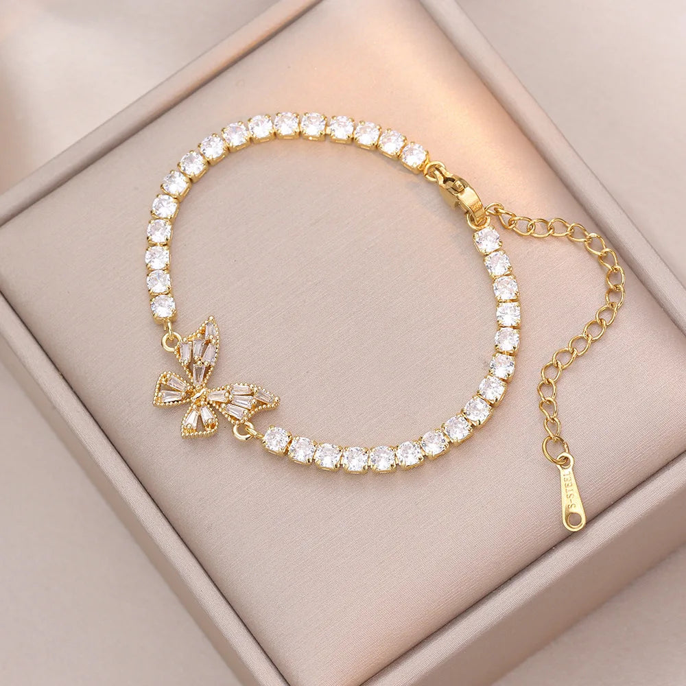 Pulseras con dijes de mariposa y cadena de tenis de circonio brillante de lujo para mujeres y niñas, brazalete de cadena de acero inoxidable a la moda, regalos de joyería
