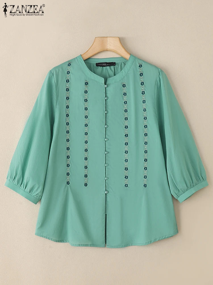 Blusa Vintage 2025 para Mujer | Bordado Floral | Túnica Holgada con Botones | Ticotrendy