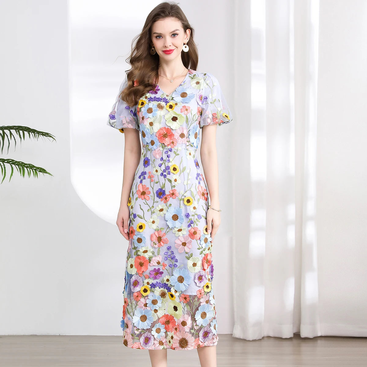 Vestido Fiesta Lujo Bordado Encaje Flores 3D | Cuello V Manga Corta Mitad Pantorrilla