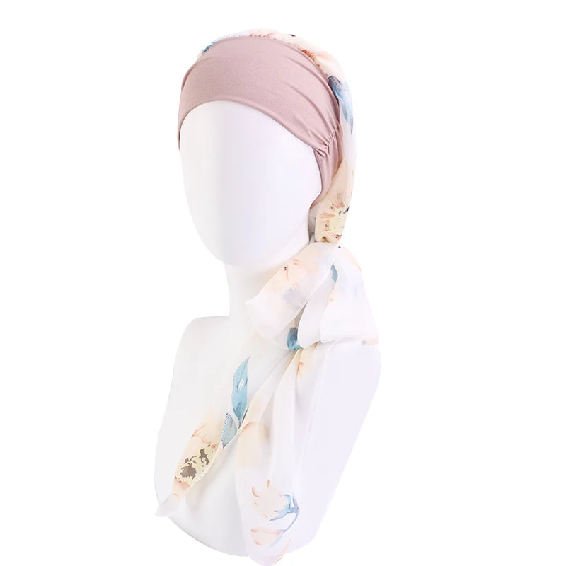 Turbante elástico con estampado de flores para mujer musulmana, para la cabeza preatado Hijab, Bandana para la pérdida de cabello, bufanda para la cabeza, novedad
