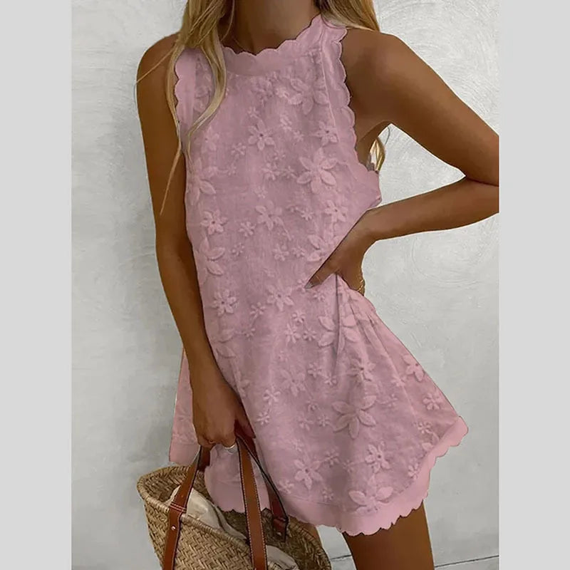Minivestido de Encaje Cuello Redondo para Playa