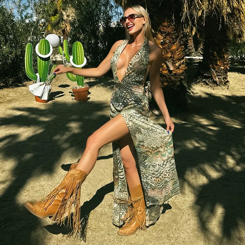 Vestido largo elegante con estampado abstracto para mujer, falda larga dividida con escote en V profundo y espalda descubierta, vestido informal de estilo francés a la moda de verano
