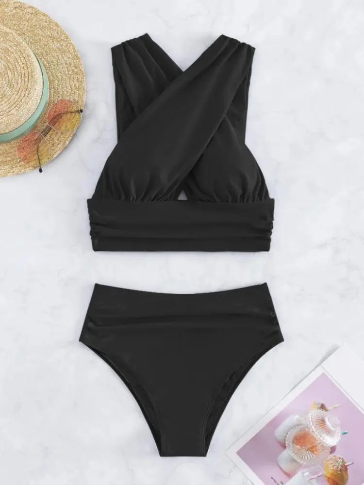 Bikini de Cintura Alta con Pliegues Cruzados - Traje de Dos Piezas