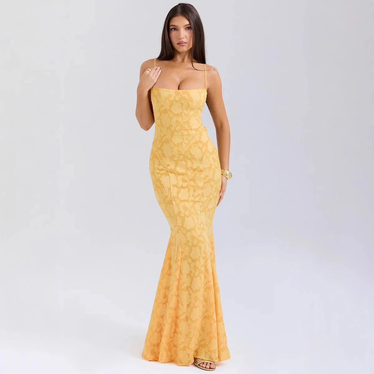 Vestido Largo Tipo Sirena Con Tirantes Finos Jacquard Sexy 2025
