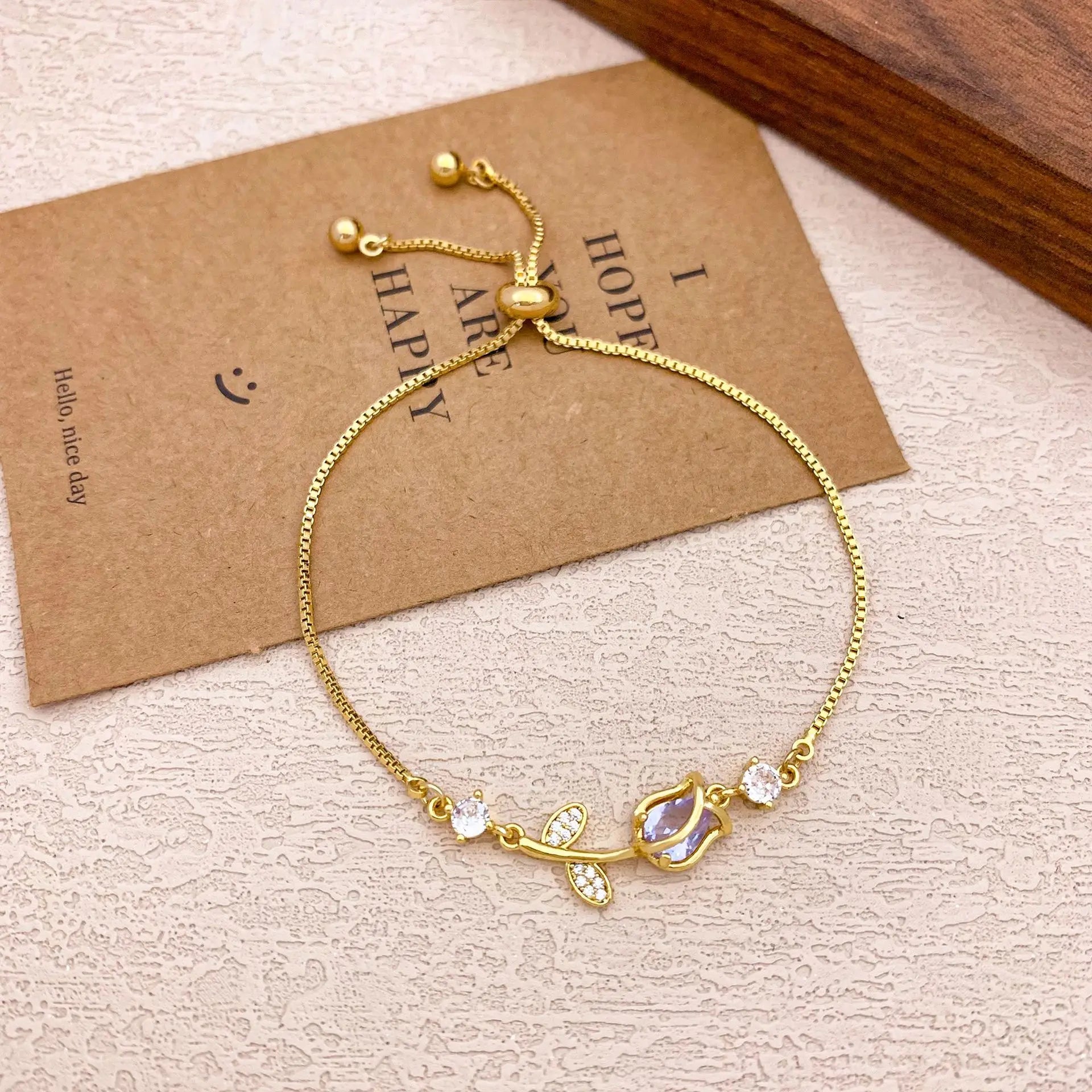 Pulseras con dijes de flor de tulipán y piedra lunar de circón colorido dulce para mujer y niña, joyería de cadena de caja de acero inoxidable ajustable elegante