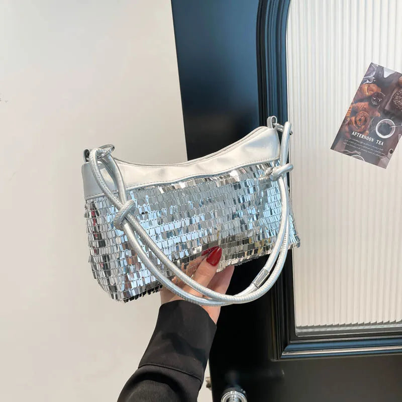 Bolsos de hombro informales con retales de lentejuelas para mujer, bolsos sencillos y versátiles para ir al trabajo, Color sólido, bolso para axila para chica