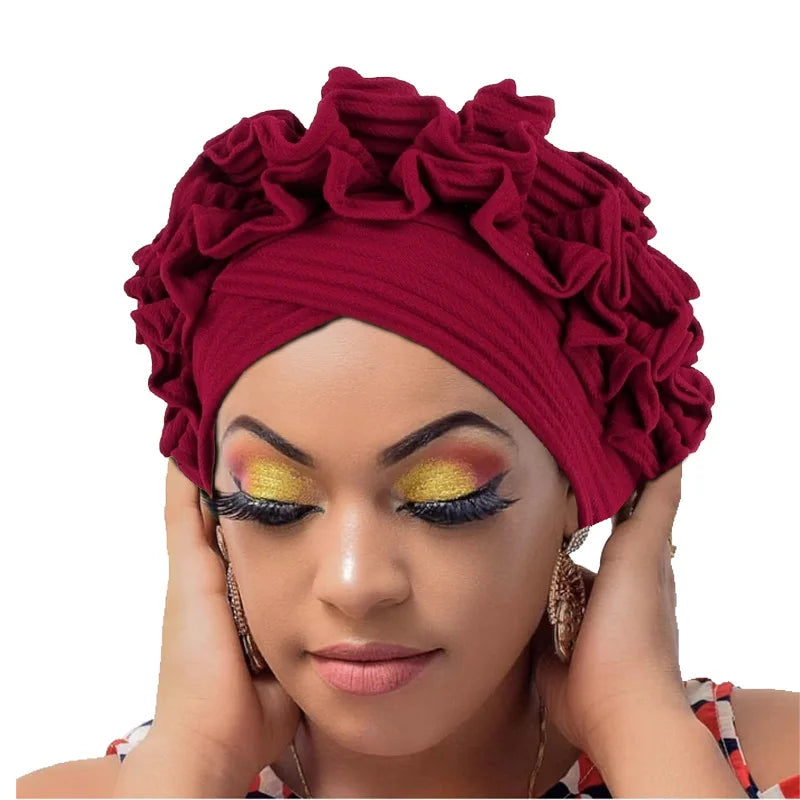 Gorro Turbante con Volantes para Mujer, Color Sólido