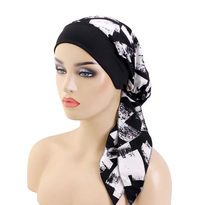 Nuevo pañuelo para la cabeza con estampado satinado para mujer, turbante musulmán elástico preatado, gorro para dormir para quimioterapia, cubierta para la pérdida de cabello, pañuelo para la cabeza