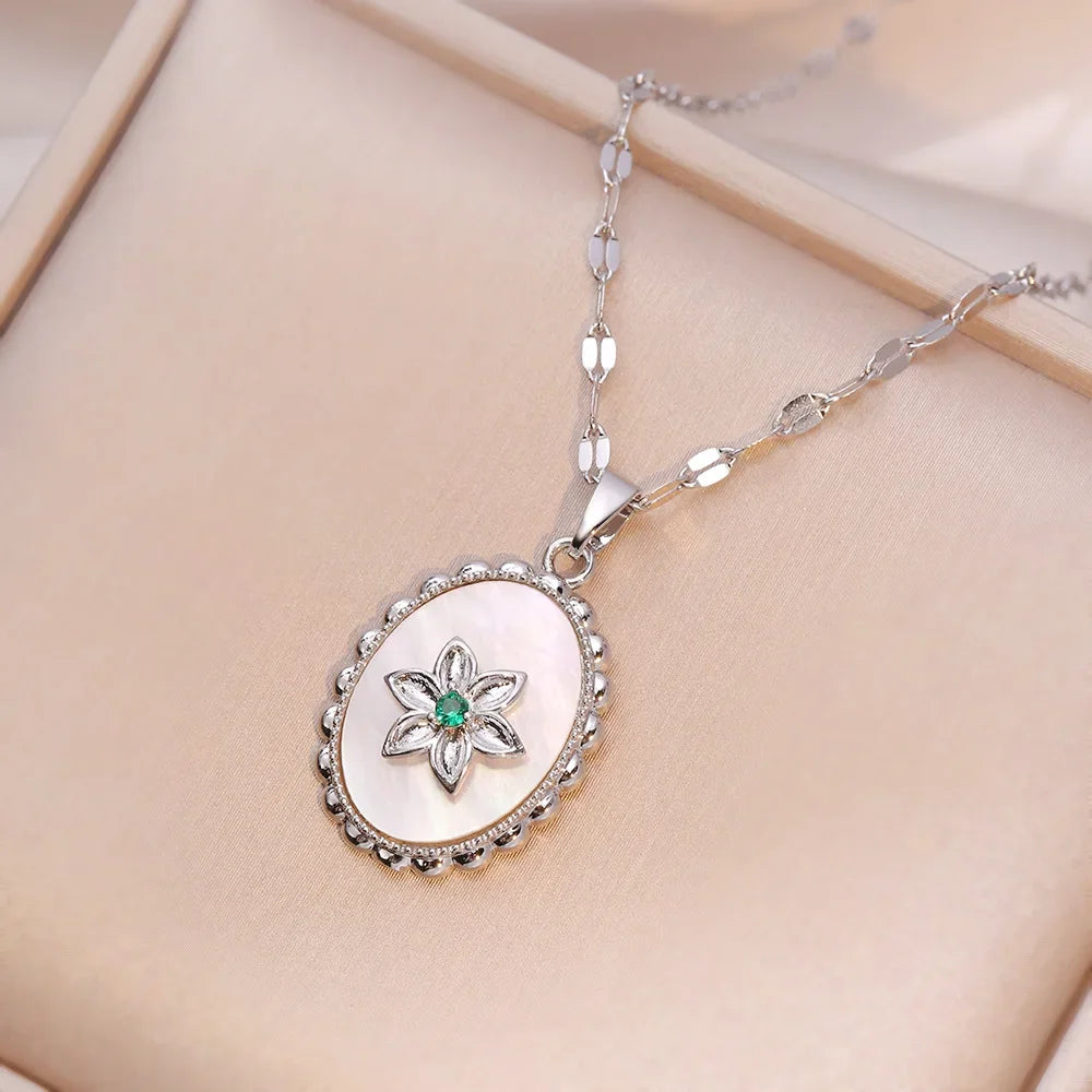 Collar Dorado | Colgante De Flor De Circón Concha Acero Inoxidable Mujeres Niñas