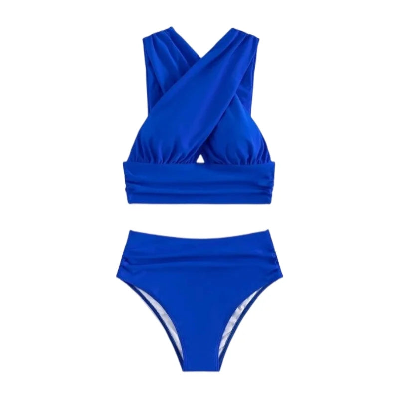 Bikini de Cintura Alta con Pliegues Cruzados - Traje de Dos Piezas