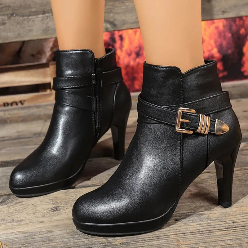 Botines Elegantes para Mujer - Tacón Fino Hebilla Cremallera Punta Estrecha