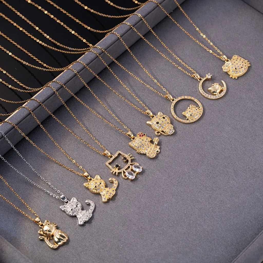 Sanrio lindo Hello Kitty collares con colgante de circón para mujeres niñas encantador gato de dibujos animados gatito cadena de acero inoxidable regalos de joyería