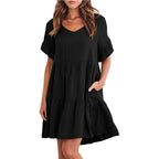 Vestido Midi de Playa | Algodón Liso Cuello V | Mangas Cortas con Volantes | Tico Trendy