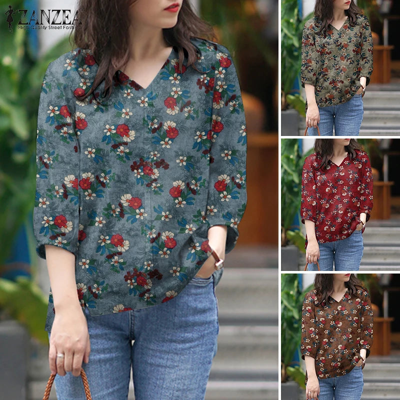 ZANZEA Blusas de algodón con estampado Floral de talla grande para mujer, blusas de manga 3/4 con cuello en V, Top de corte alto-bajo, Blusas informales para primavera y verano, 5XL