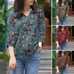 ZANZEA Blusas de algodón con estampado Floral de talla grande para mujer, blusas de manga 3/4 con cuello en V, Top de corte alto-bajo, Blusas informales para primavera y verano, 5XL