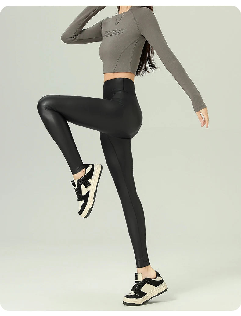 Leggings PU Cuero Invierno | Lana Fina Sexy Ajustado | Cintura Alta Elástico Cálido