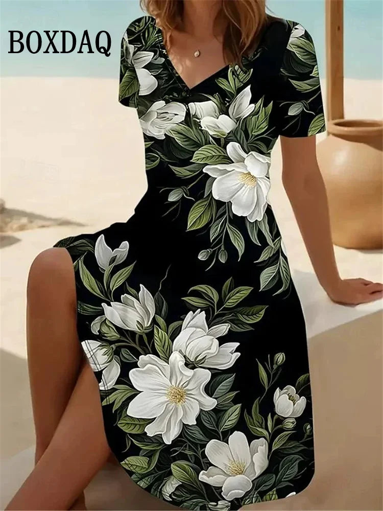 Vestido Vintage para Mujer | Cuello en V y Estampado Floral | Manga Corta para Playa | Tico Trendy