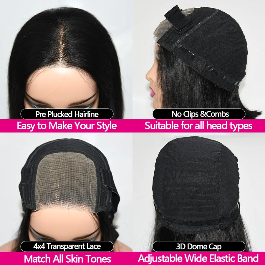 Peluca de cabello Bob sin pegamento, cabello humano listo para usar, pelucas con cierre de encaje 4x4 para mujeres, pelucas de cabello humano liso, peluca Bob corta