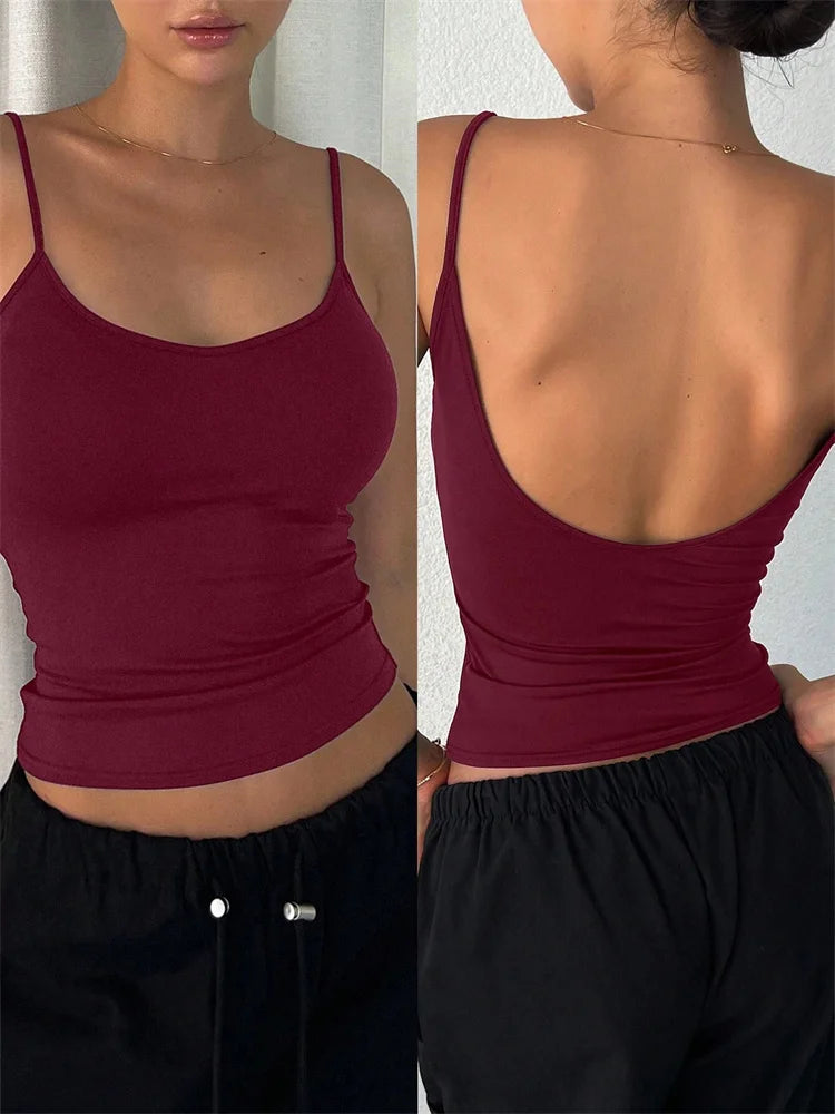 Top corto sin espalda para mujer, Top informal sin mangas de Color sólido, ropa de calle Y2K