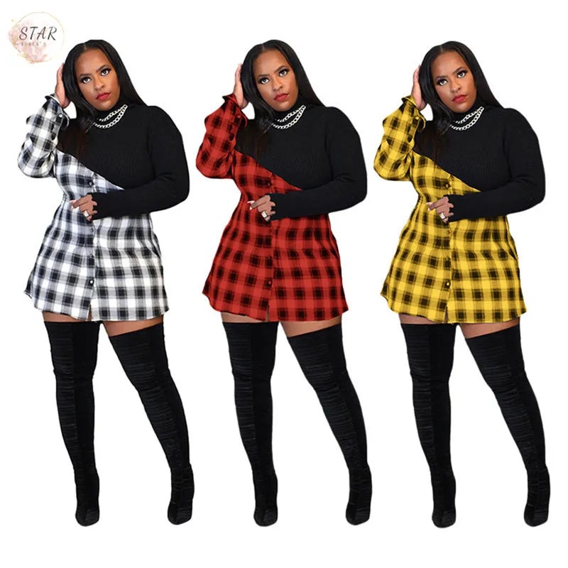 Vestidos de S-3XL de talla grande para mujer, minivestidos de cumpleaños a cuadros de retazos, trajes de Club, ropa de primavera, venta al por mayor, envío directo, 2022