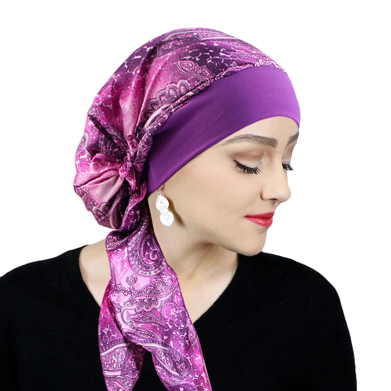 Turbante de satén preatado para mujer, hiyab interior musulmán, gorros para quimio contra el cáncer, pañuelo para la cabeza para la pérdida de cabello, Bandana, accesorios elásticos para el cabello