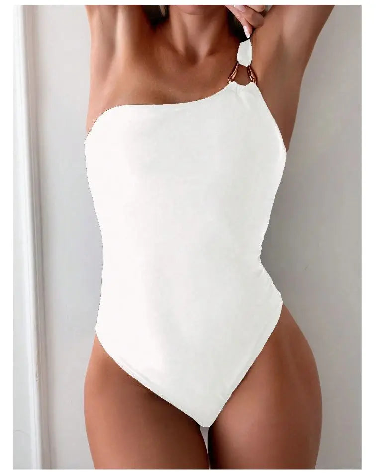 Traje de Baño 1 Hombro Ajustado | Color Sólido | Natación y Playa