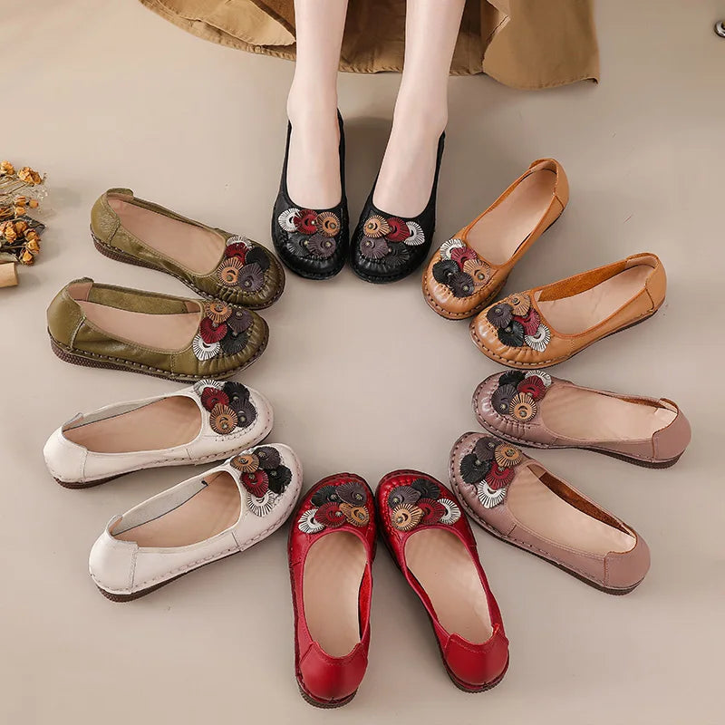 Mocasines Étnicos de Cuero Genuino para Mamá | Punta Redonda | Antideslizantes | Verano 2025