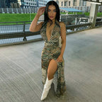 Vestido largo elegante con estampado abstracto para mujer, falda larga dividida con escote en V profundo y espalda descubierta, vestido informal de estilo francés a la moda de verano