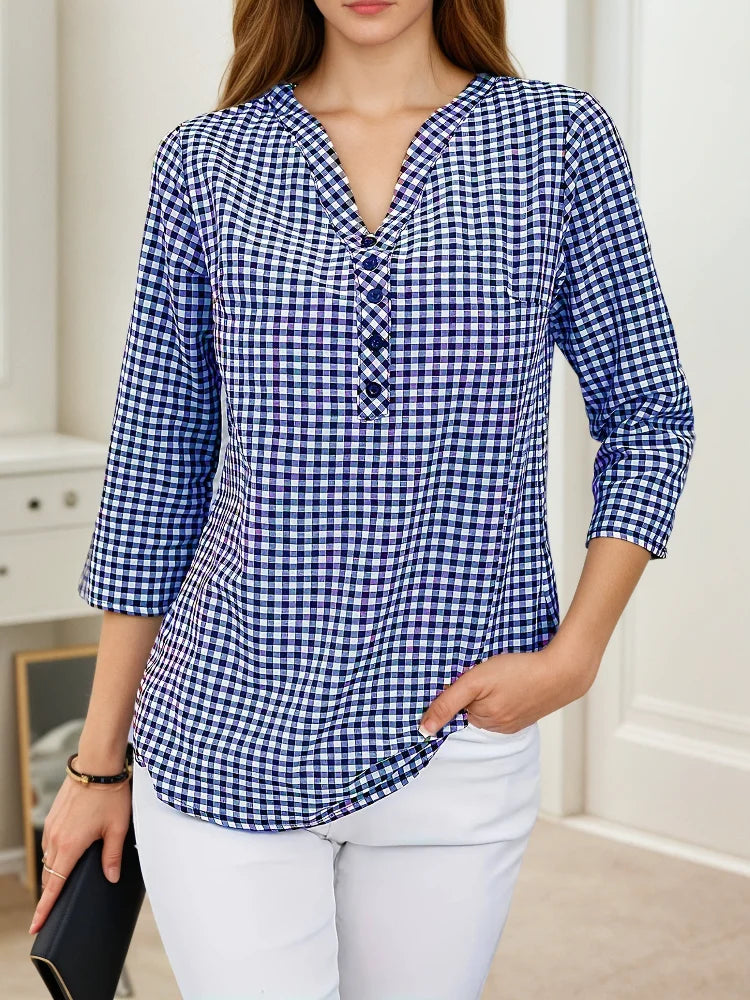 Blusa a Cuadros Finos | Cuello en V | Talla Grande | Tico Trendy