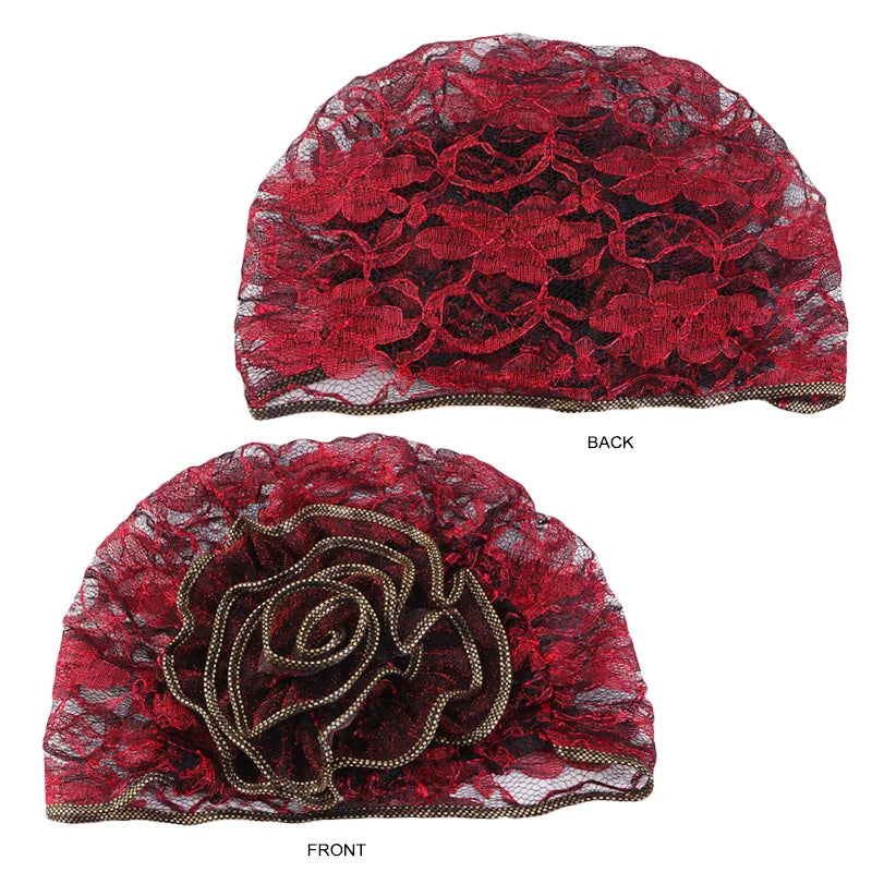 Turbante de encaje negro para mujer, gorro bajo bufanda, de flores grandes Hijab, sombreros musulmanes, gorro de flores, gorro de envoltura, sombreros islámicos, nuevo
