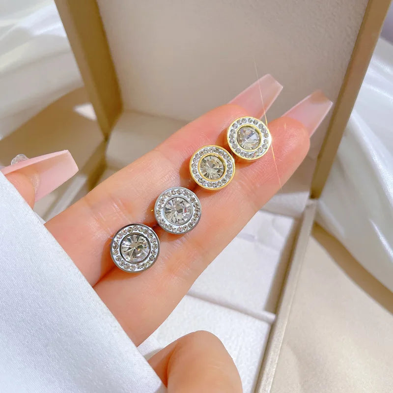 Pendientes redondos de circonita brillante de lujo de acero inoxidable para mujeres y hombres, pendientes geniales brillantes a la moda, accesorios de joyería, regalos