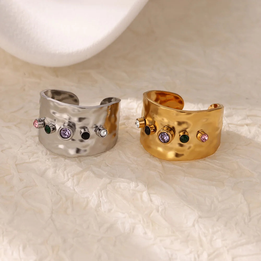 Anillo Ticotrendy Geométrico | Multicapa Circón | Grueso Acero Inox Oro