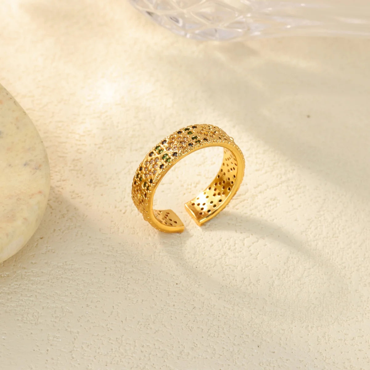 Anillo Ticotrendy Lujo | Circón Arcoíris | Abierto Acero Oro | Joyería Moda