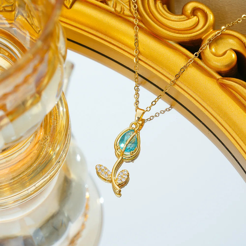 Collares con colgante de tulipán de circón colorido para mujeres y niñas, cadena de acero inoxidable, accesorios de joyería románticos de moda, regalos
