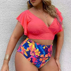 Bikini de Talla Grande con Volantes - Estampado y Tiro Alto para Playa