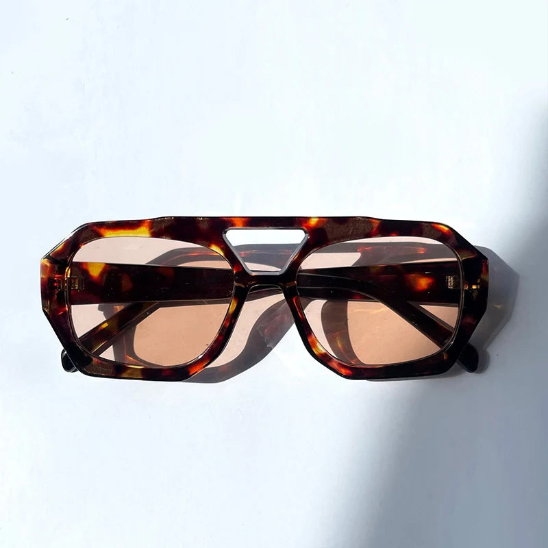 Gafas Sol Retro Doble Puente Montura Grande | Leopardo Té Degradado Moda Casual
