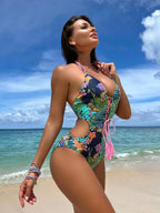 Traje de Baño 1 Pieza Floral - Bikini de Playa con Encaje Frontal y Sexy